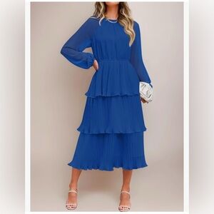 Blue Tiered Long Sleeve Midi Dress